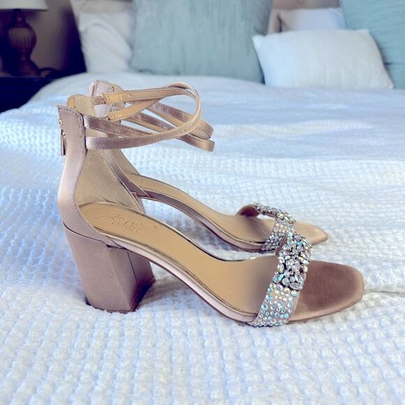 Badgley Mischka Crystal-Embellished Block Heel Sandals in Champaign - Picture 4 of 12